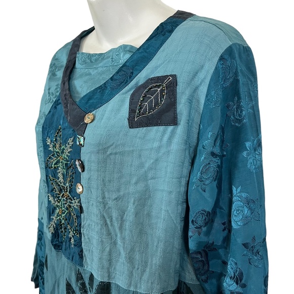 FAITH CELIA FORRESTER Teal Blue Embroidered Lagenlook Art to Wear Top Shirt sz M - Picture 8 of 16